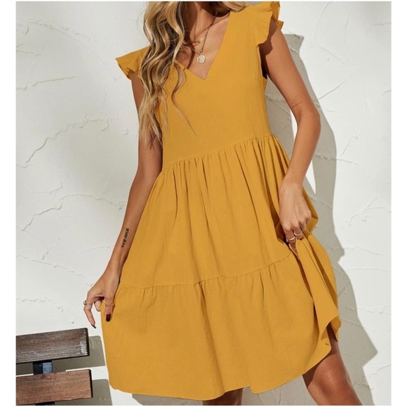 Boho Ruffle Sleeve Smock V neck Mini Dress - Picture 4 of 4